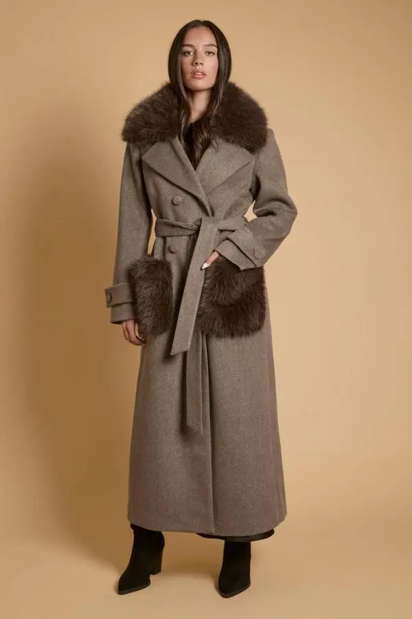 Oasis Women's Faux Fur Collar Wrap Coat with Statement Fur Pockets in Mushroom 