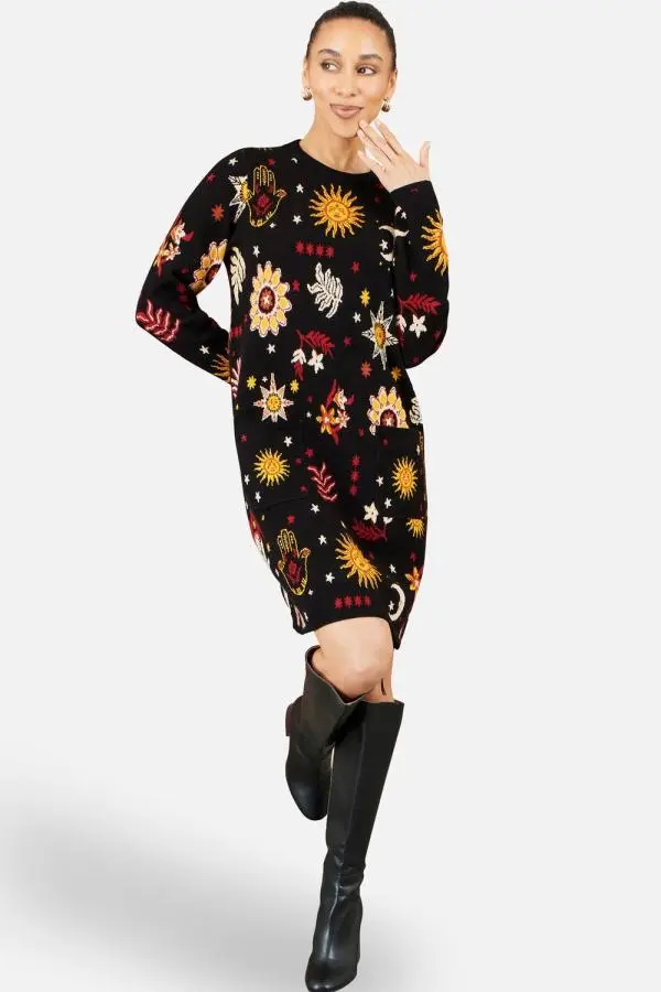 Yumi Women's Cosmic Intarsia Knitted Tunic Dress in Black 
