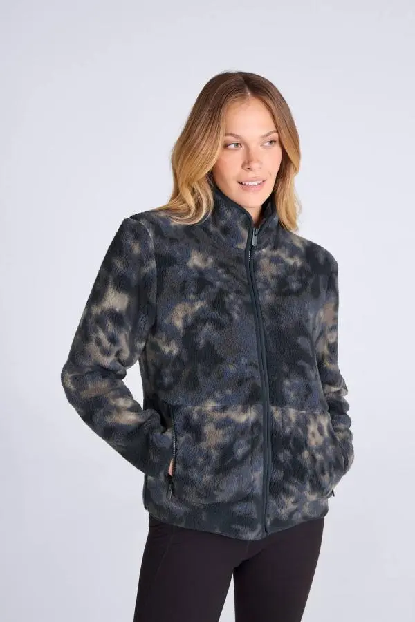 Animal Women's 'Hennie' Printed Funnel Neck Zipped Pockets Warm & Cosy Borg Jacket in Blue 
