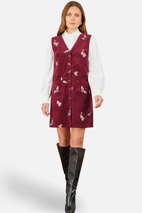 Yumi Women's Crane Embroidery Button Up Pinafore Dress in Maroon 