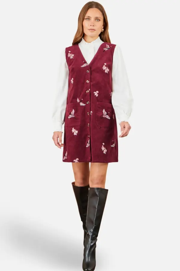 Yumi Women's Crane Embroidery Button Up Pinafore Dress in Maroon 