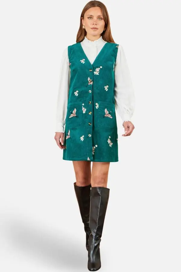 Yumi Women's Crane Embroidery Button Up Pinafore Dress in Teal 