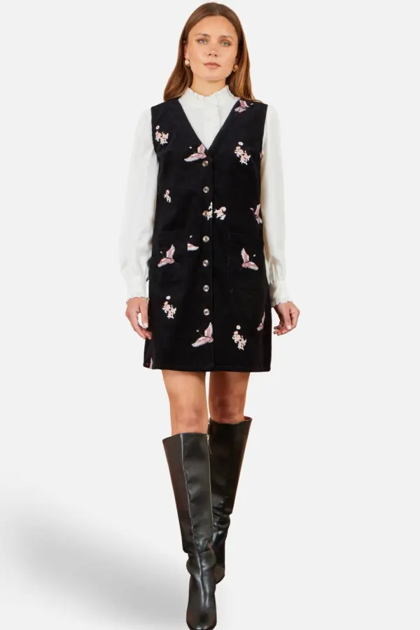 Yumi Women's Crane Embroidery Button Up Pinafore Dress in Black 