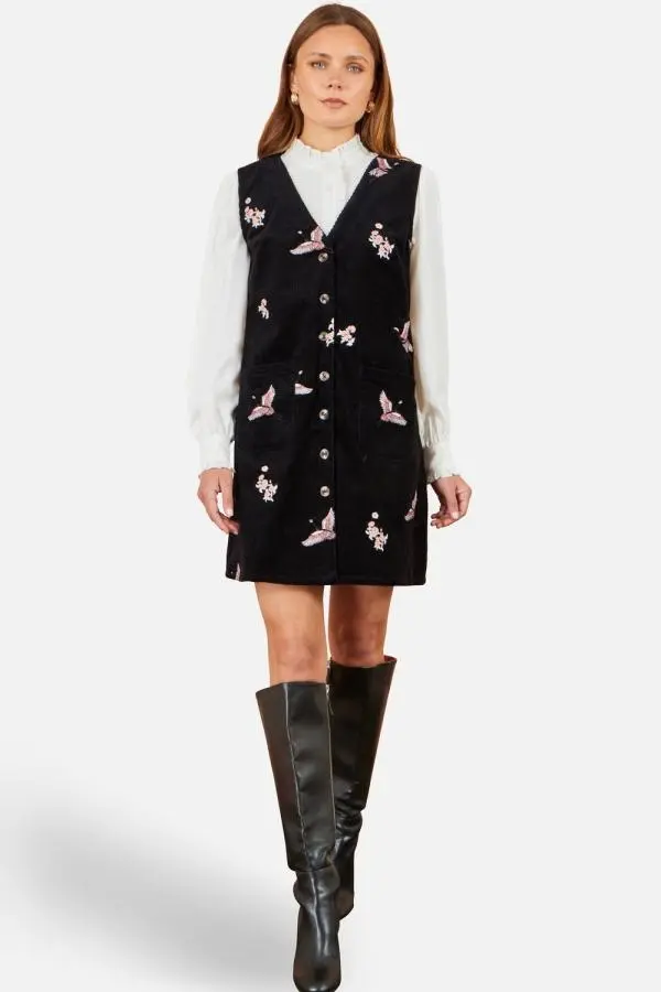 Yumi Women's Crane Embroidery Button Up Pinafore Dress in Black 