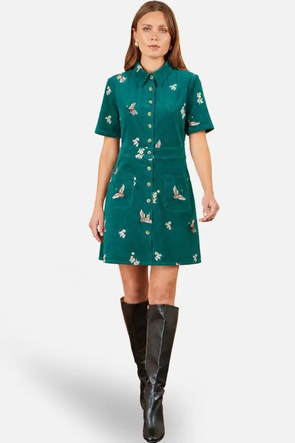 Yumi Women's Crane Embroidered Shirt Dress in Teal 