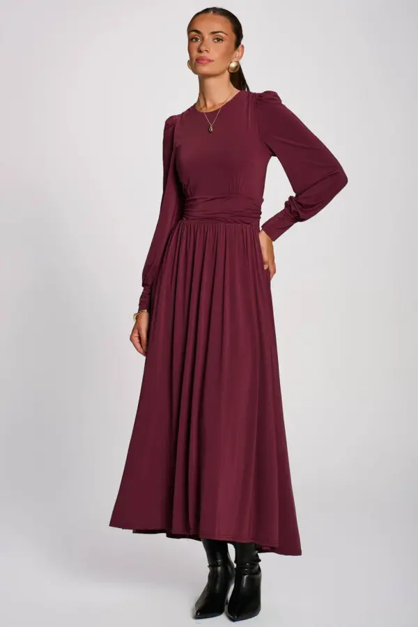 Jolie Moi Women's Long Sleeve Sheen Jersey Maxi Dress in Burgundy 