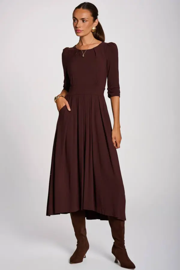 Jolie Moi Women's 3/4 Sleeve Modal Viscose Midi Dress in Brown 
