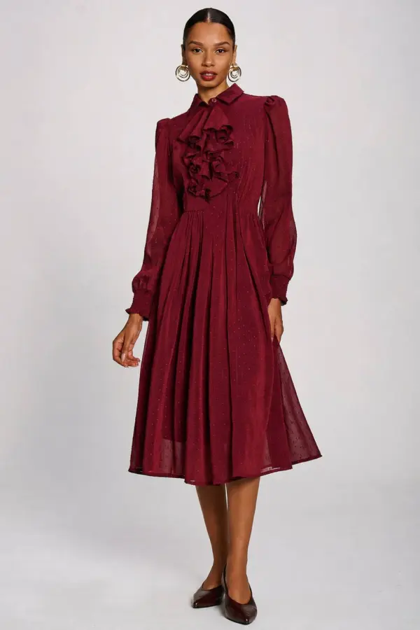 Jolie Moi Women's Textured Chiffon Long Sleeve Shirt Dress in Burgundy 