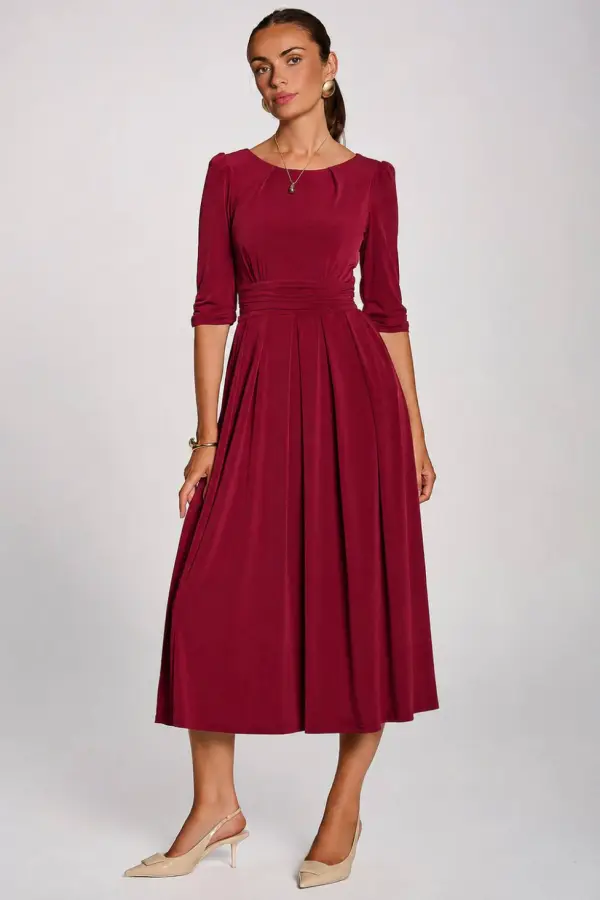 Jolie Moi Women's 3/4 Sleeve Pleated Jersey Maxi Dress in Burgundy 