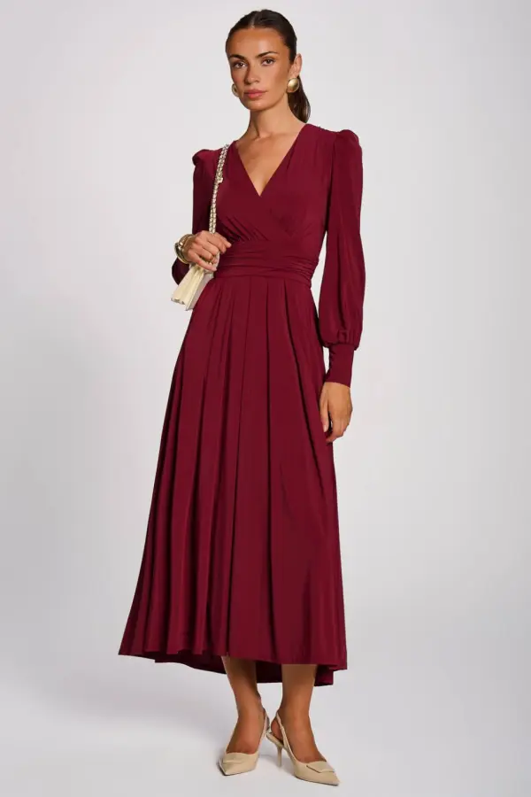 Jolie Moi Women's Long Sleeve Soft Jersey Maxi Dress in Burgundy 