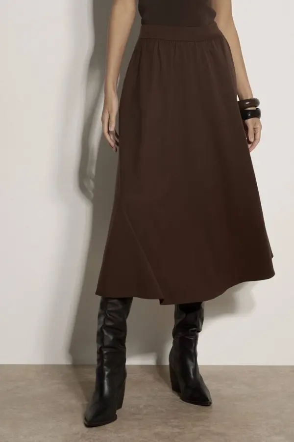 Apricot Women's Brushed Twill A-Line Midi Skirt in Brown 