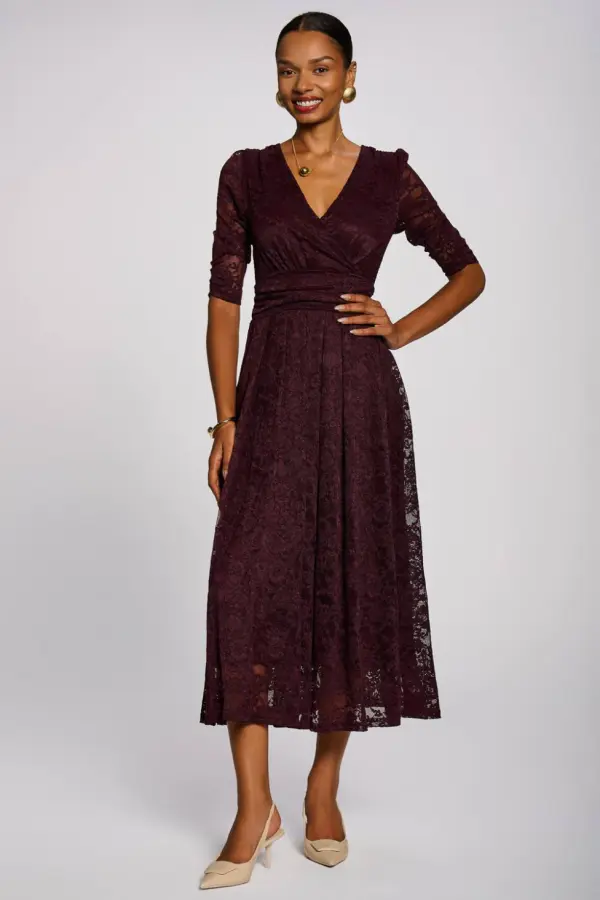 Jolie Moi Women's 3/4 Sleeve Pleated Lace Maxi Dress in Burgundy 