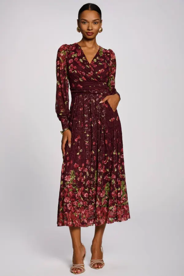 Jolie Moi Women's Long Sleeve Printed Lace Maxi Dress in Burgundy 