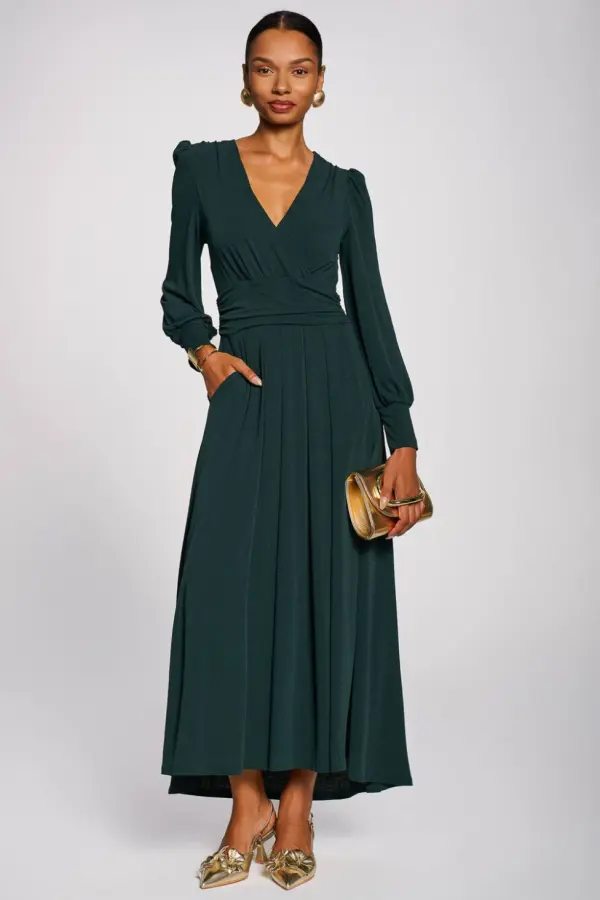 Jolie Moi Women's Long Sleeve V-Neck Jersey Maxi Dress in Dark Green 
