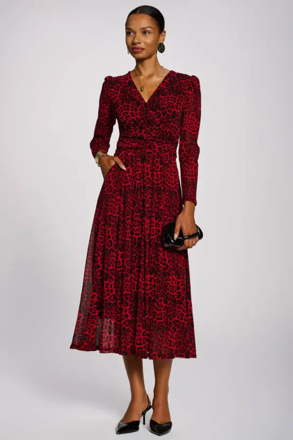 Jolie Moi Women's Long Sleeve Print Mesh Maxi Dress in Dark Red 