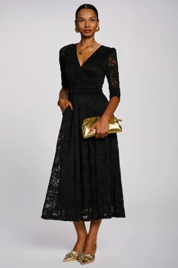 Jolie Moi Women's 3/4 Sleeve Pleated Lace Maxi Dress in Black 