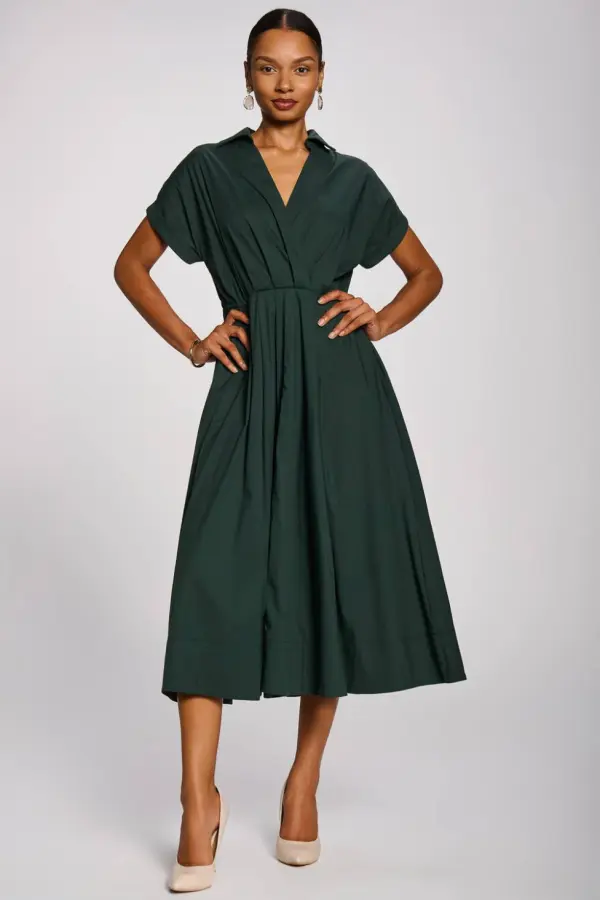 Jolie Moi Women's Wrap Bodice Cotton Blend Shirt Midi Dress in Dark Green 