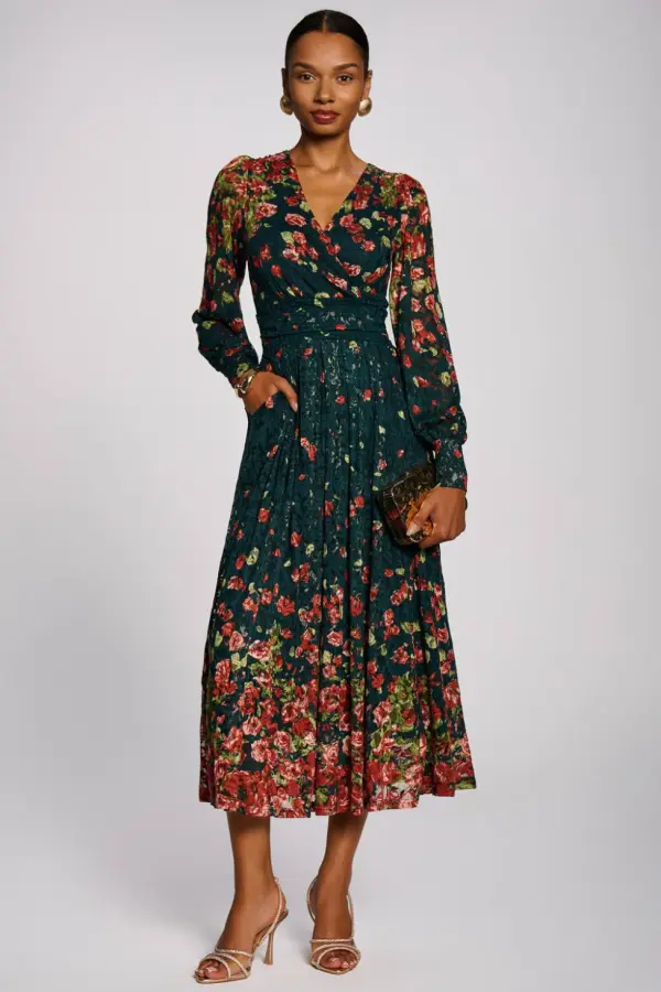 Jolie Moi Women's Long Sleeve Printed Lace Maxi Dress 