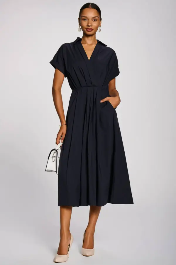 Jolie Moi Women's Wrap Bodice Cotton Blend Shirt Midi Dress in Navy 