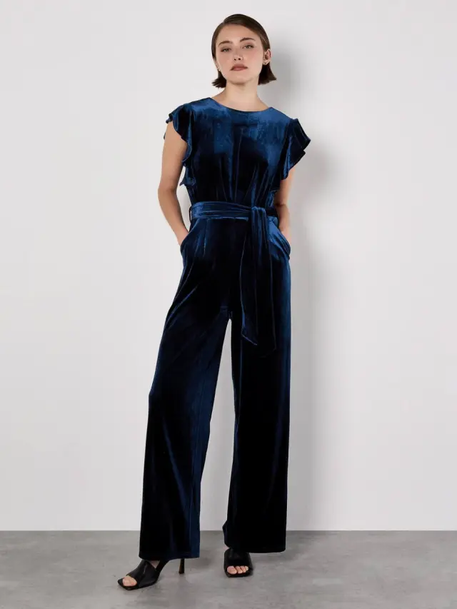 Apricot Women's Wide Leg Velvet Ruffle Jumpsuit in Navy 