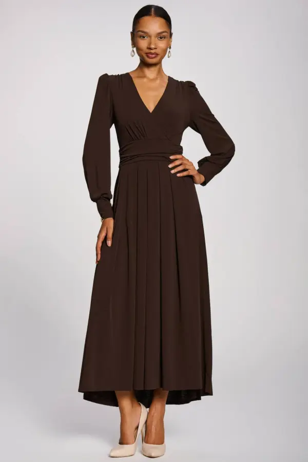 Jolie Moi Women's Long Sleeve V-Neck Jersey Maxi Dress in Brown 