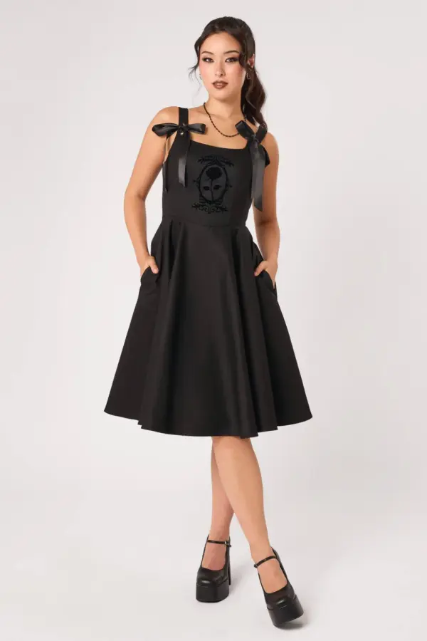 Hell Bunny Women's Black Cotton Satin Velvet Flocked Cameo 50s Style Midi Dress 
