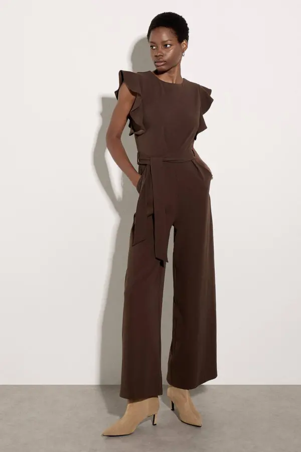 Apricot Women's Ruffle Sleeve Jersey Jumpsuit in Brown 