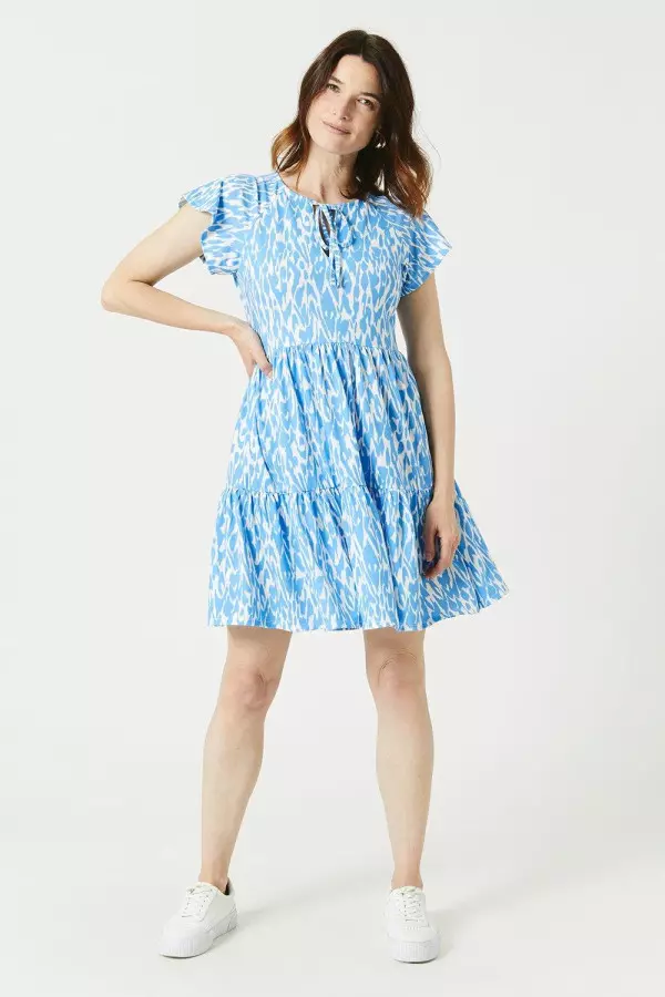 Blue Abstract Mini Dress With Pockets