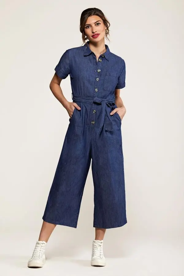Yumi Women's Navy Cotton Denim Jumpsuit in Blue | Size: 8