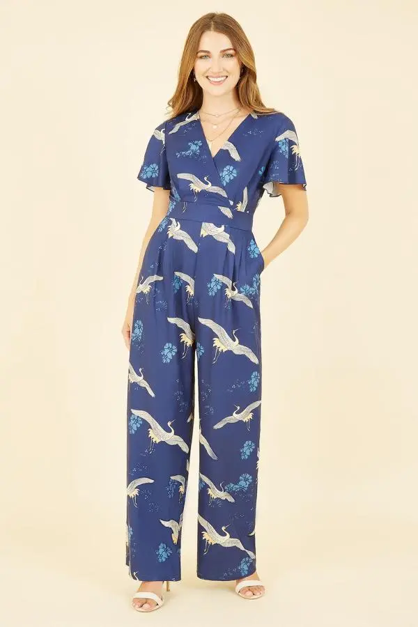 Yumi Women's Navy Crane Print Angel Sleeve Jumpsuit 