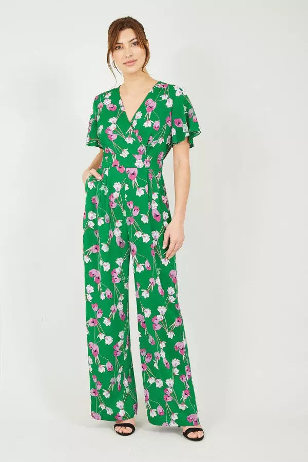 Green Floral Jumpsuit With Angel Sleeves