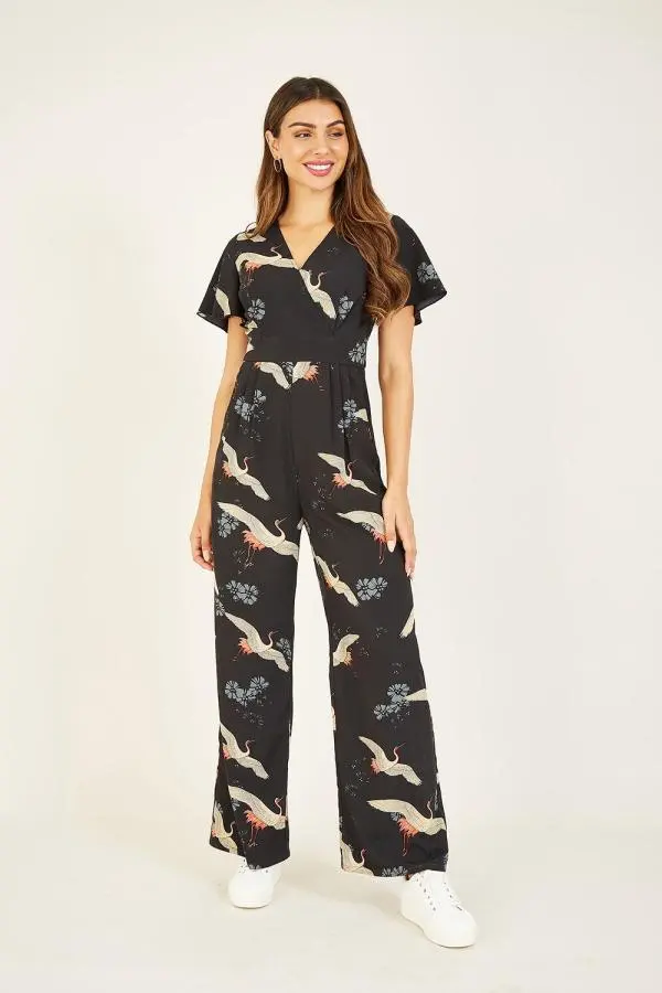 Black Crane Print Jumpsuit