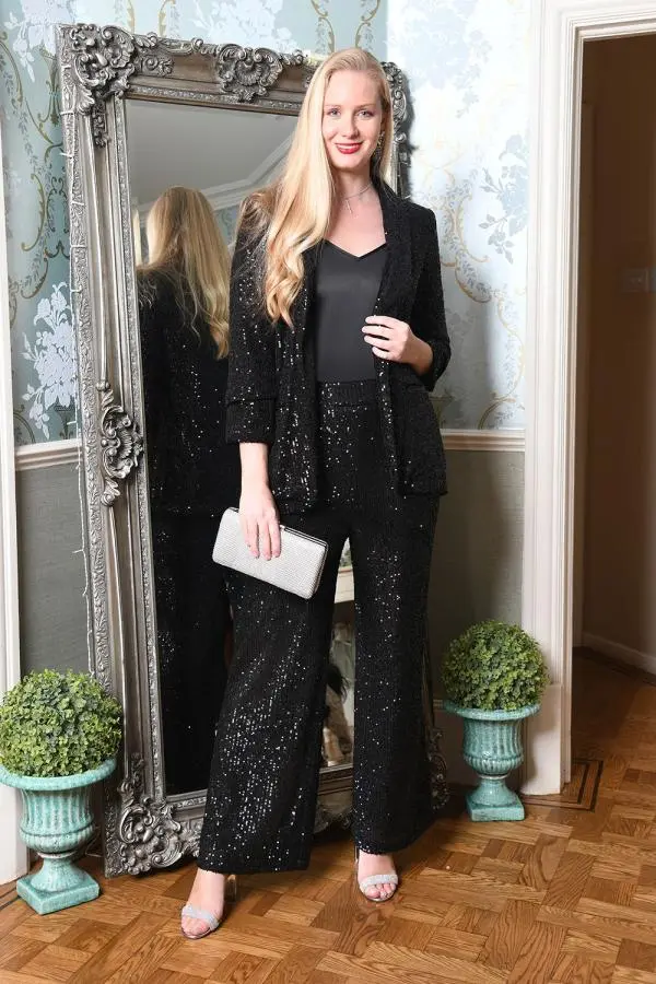 Yumi Women's Black Sequin Blazer With Pockets 