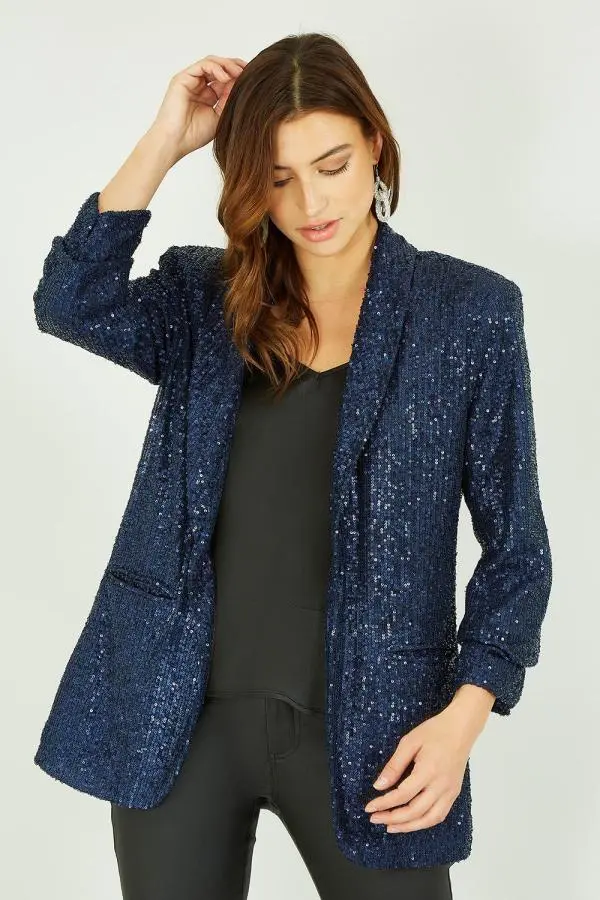 Yumi Women's Navy Sequin Blazer With Pockets 
