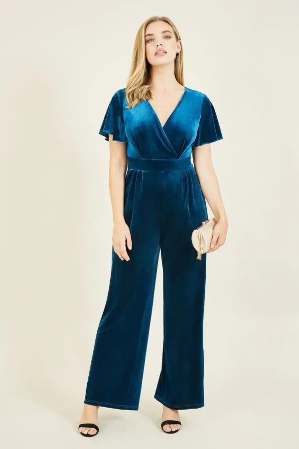 Yumi Women's Teal Velvet Jumpsuit 