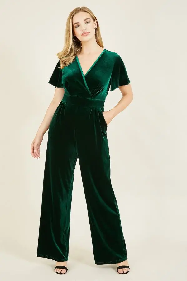 Yumi Women's Green Angel Sleeve Velvet Jumpsuit 