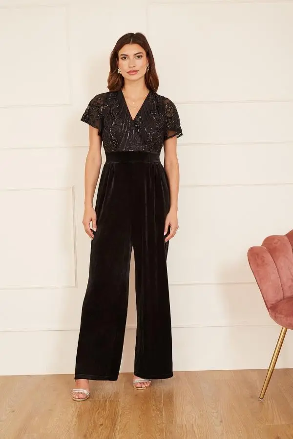 Yumi Women's Black Sequin Embellished Velvet Jumpsuit With Angel Sleeves 