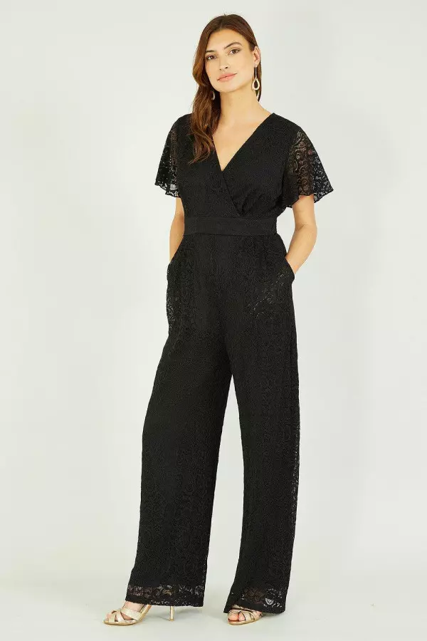 Black Angel Sleeve Lace Jumpsuit With Pockets
