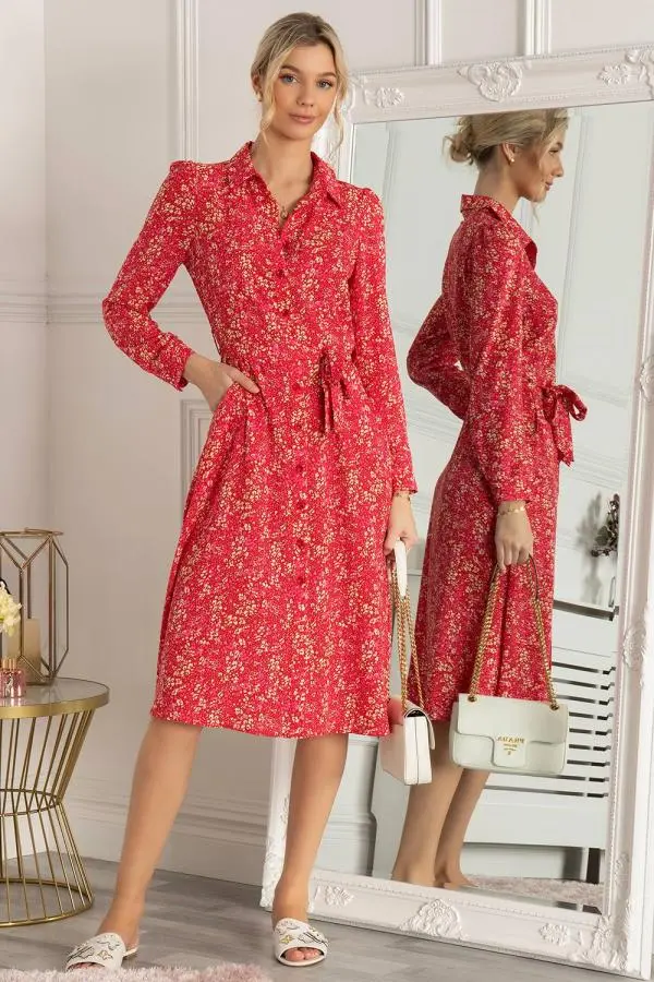 Jolie Moi Women's Qiya Shirt Midi Dress in Red 