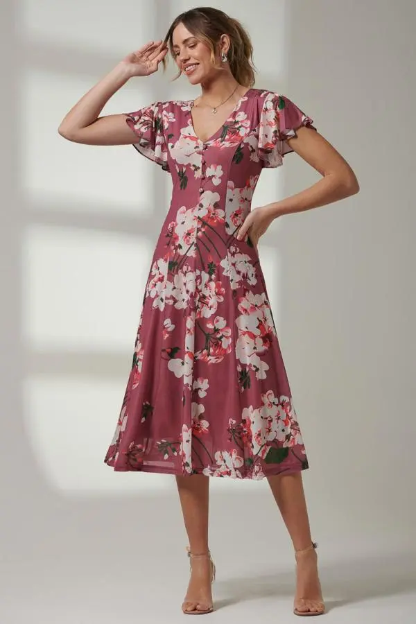 Jolie Moi Women's Bellona Fit & Flare Mesh Dress in Dark Mauve 