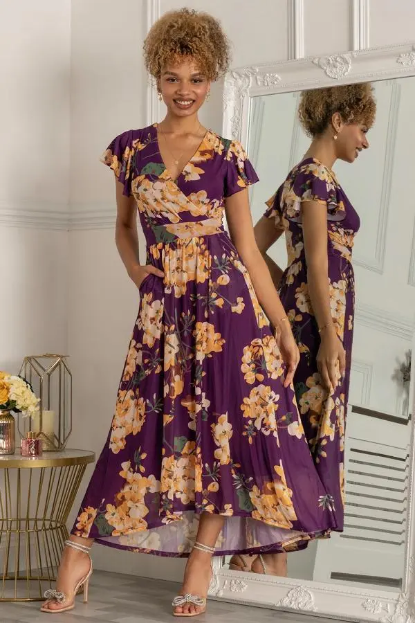 Jolie Moi Women's Piper Dip Hem Mesh Maxi Dress in Dark Mauve 