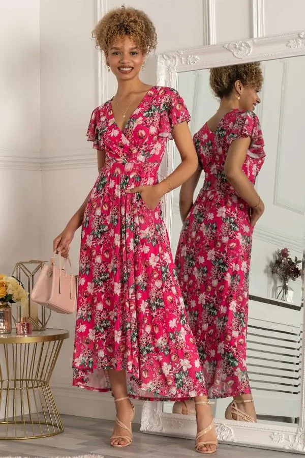 Jolie Moi Women's Piper Dip Hem Mesh Maxi Dress in Bright Pink 