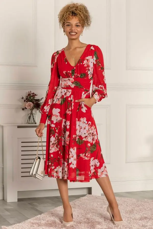 Jolie Moi Women's Renita Floral Print Mesh Dress in Red 