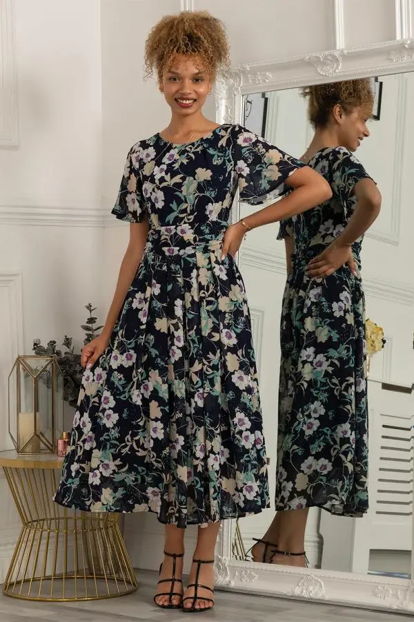 Jolie Moi Women's Nadine Floral Print Chiffon Dress in Navy 