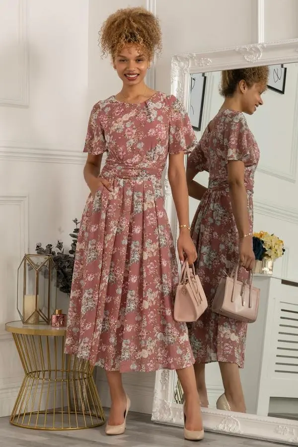 Jolie Moi Women's Nadine Floral Print Chiffon Dress in Purple 