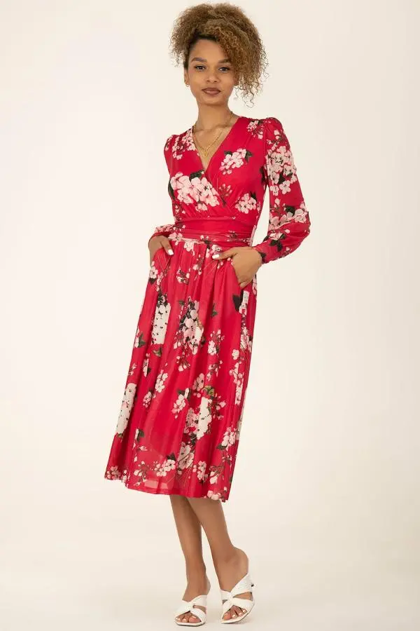 Jolie Moi Women's Jasmine Long Sleeve Mesh Dress in Cerise | Size: 8