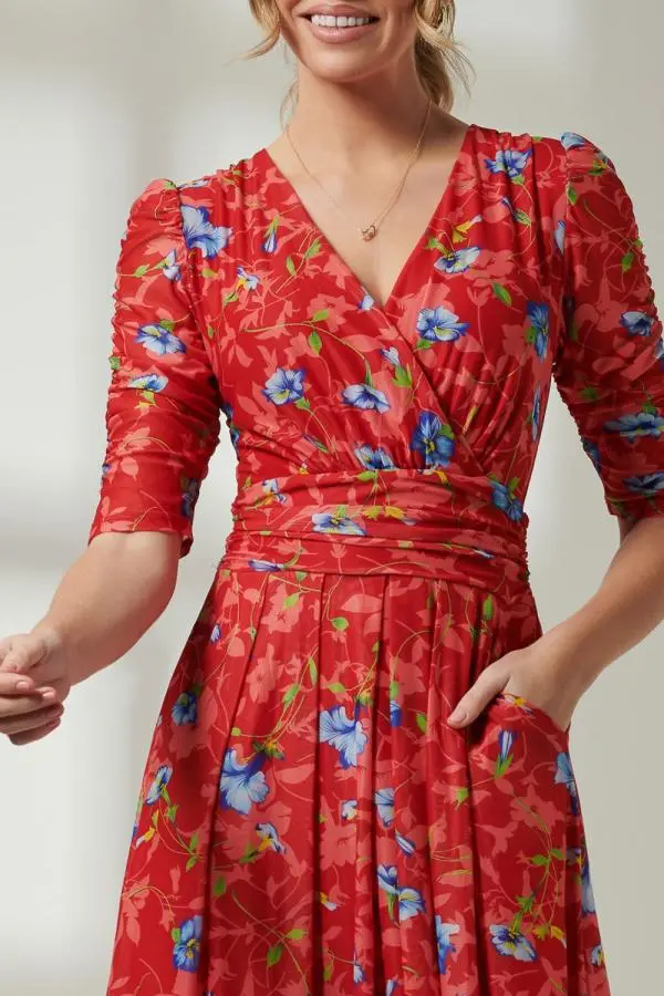 Jolie Moi Women's Gavina Ruched Sleeve Mesh Maxi Dress in Red 