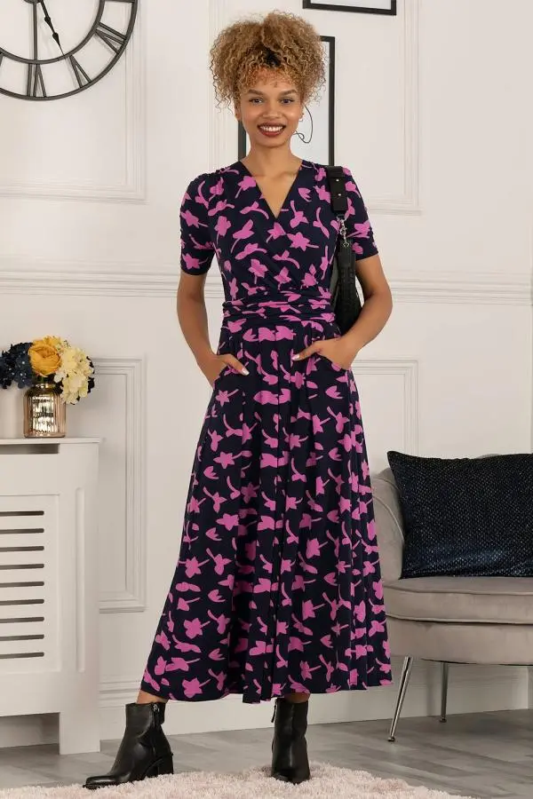 Jolie Moi Women's Cross Front Jersey Maxi Dress in Navy 