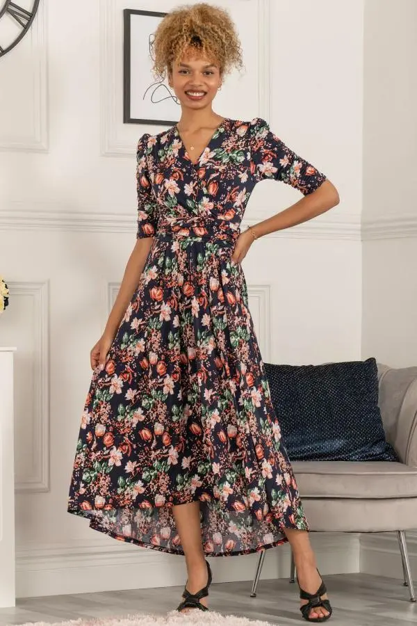 Jolie Moi Women's Maanasi Ruched Sleeve Jersey Maxi Dress in Navy 