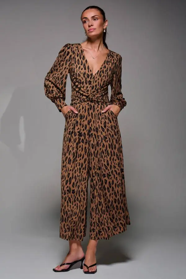 Jolie Moi Women's Gael Long Sleeve Jumpsuit in Brown 